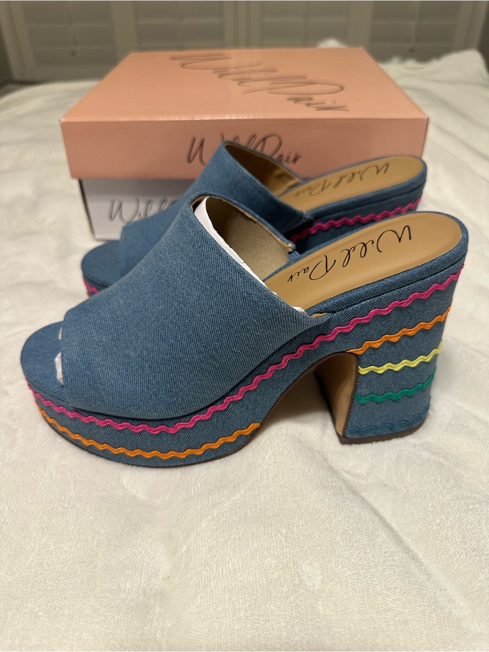 Wild Pair Denim Platform Mules with Rainbow Rickrack